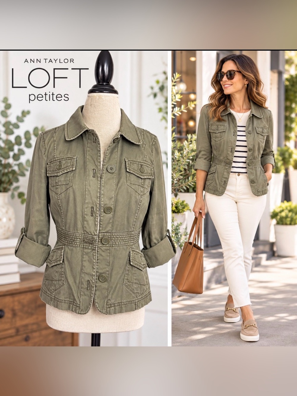 LOFT Petite Women’s Olive Green Utility Military Jacket 10P Roll Tab